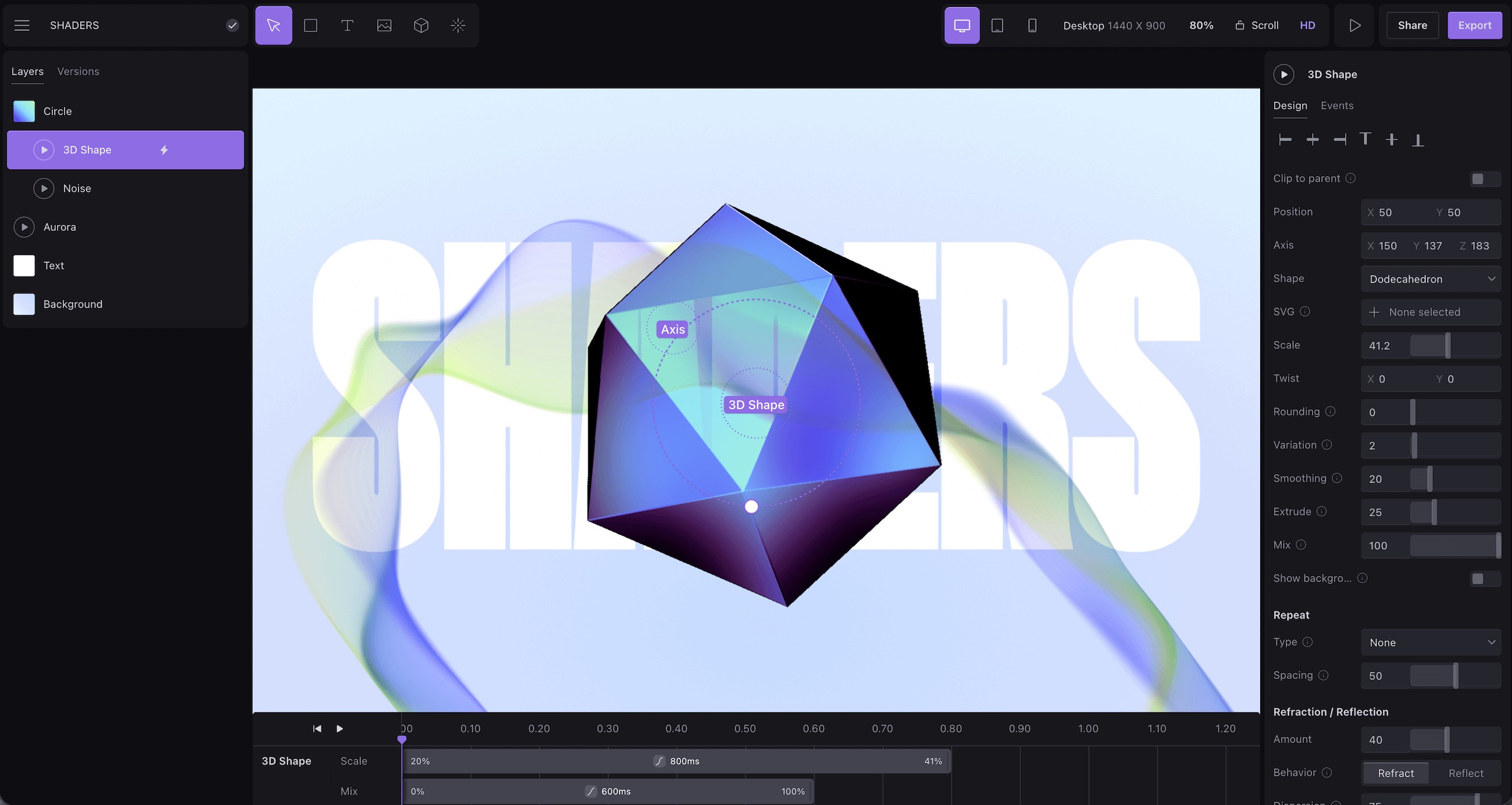 Unicorn Studio WebGL design tool layer-based canvas interface screenshot