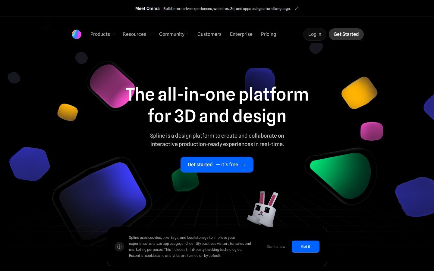 Spline design platform homepage featuring Omma AI canvas tools