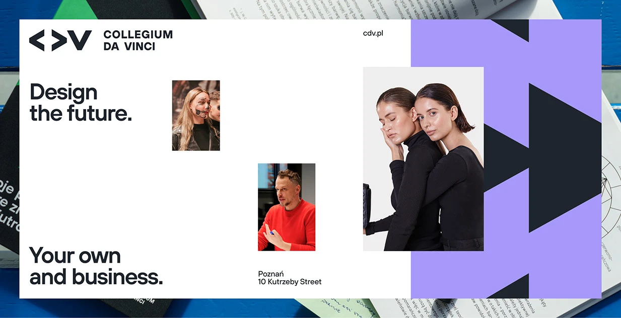 Collegium da Vinci brand identity bold typography and high contrast color palette by Uniforma