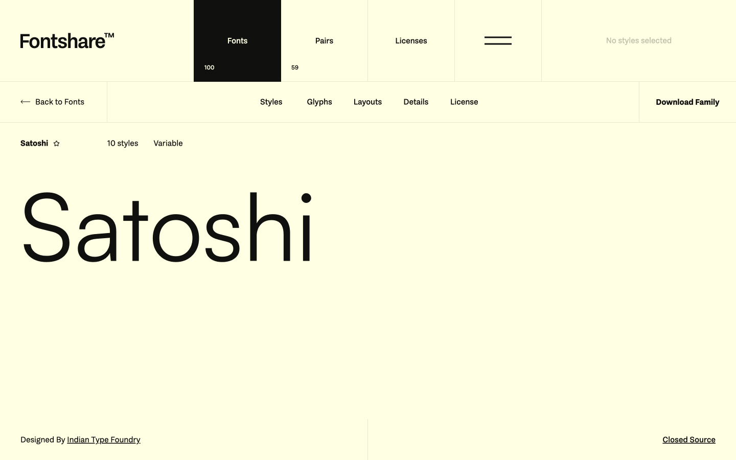 Satoshi free font specimen on Fontshare