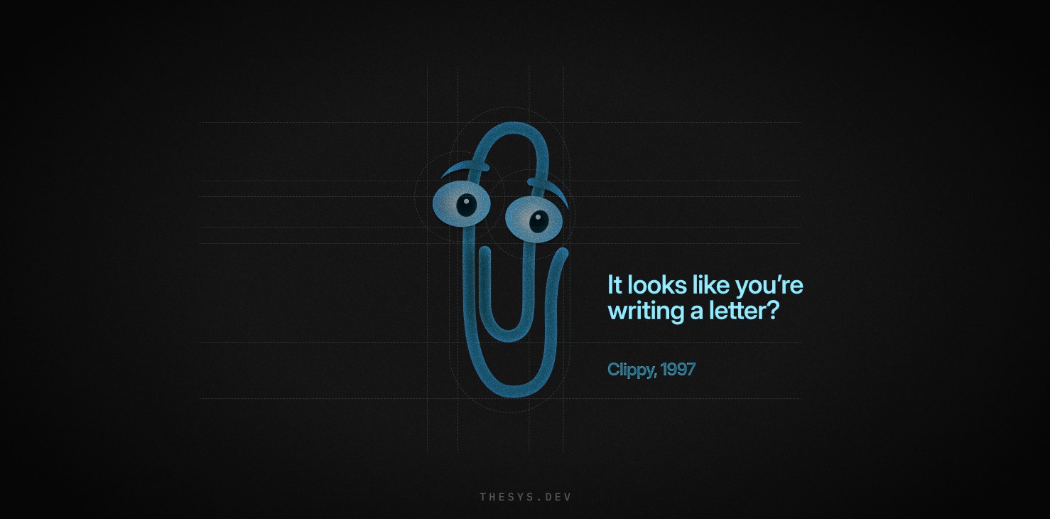Historical AI assistant reference: Clippy from 1997 — an early precursor to modern generative UI and conversational interfaces