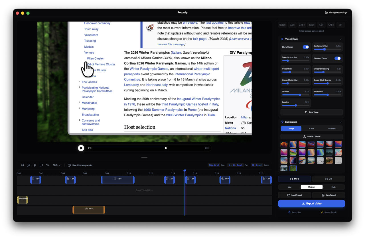 Recordly screen recorder timeline editor interface