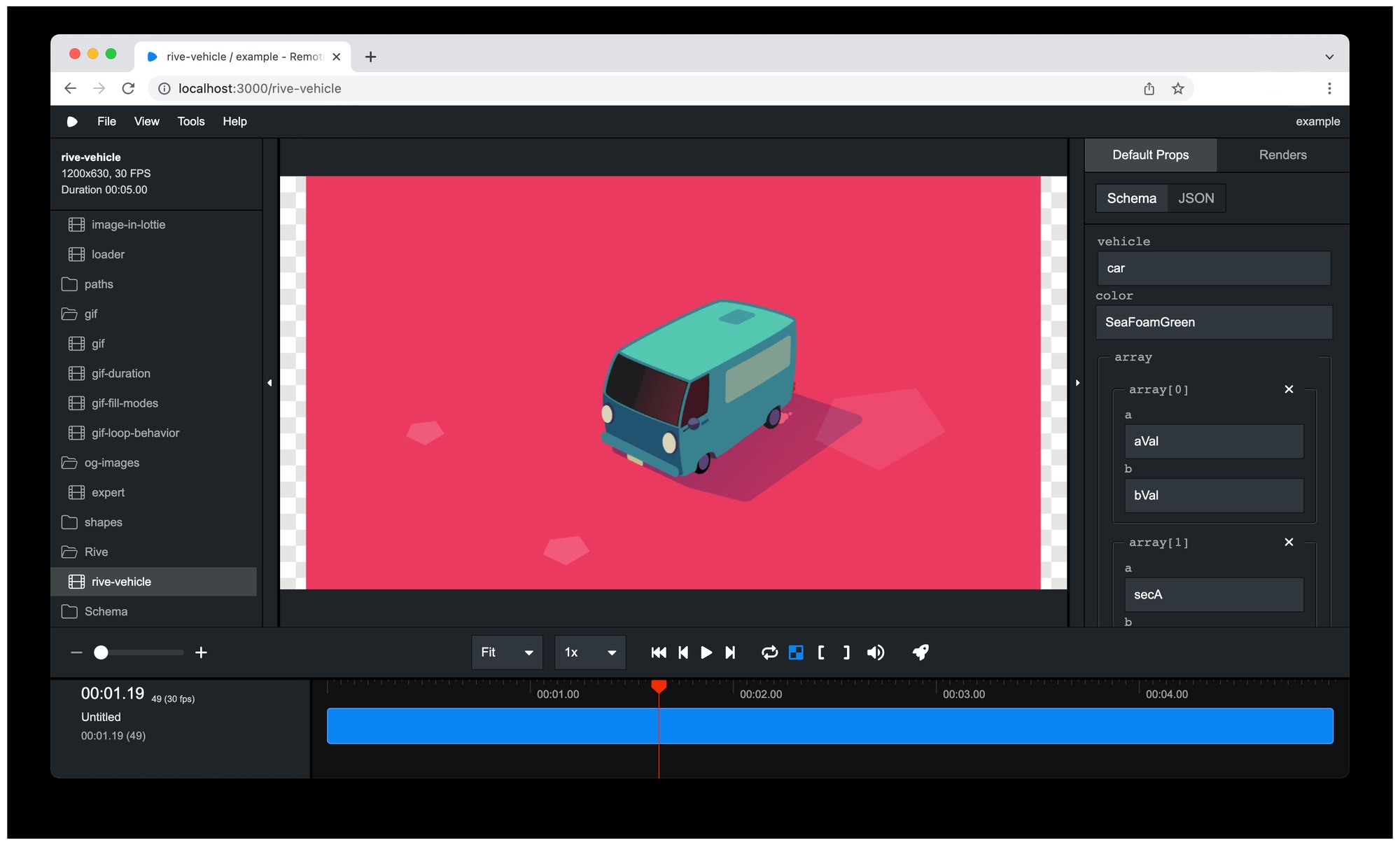 Remotion React video timeline editor showing frame-by-frame composition control