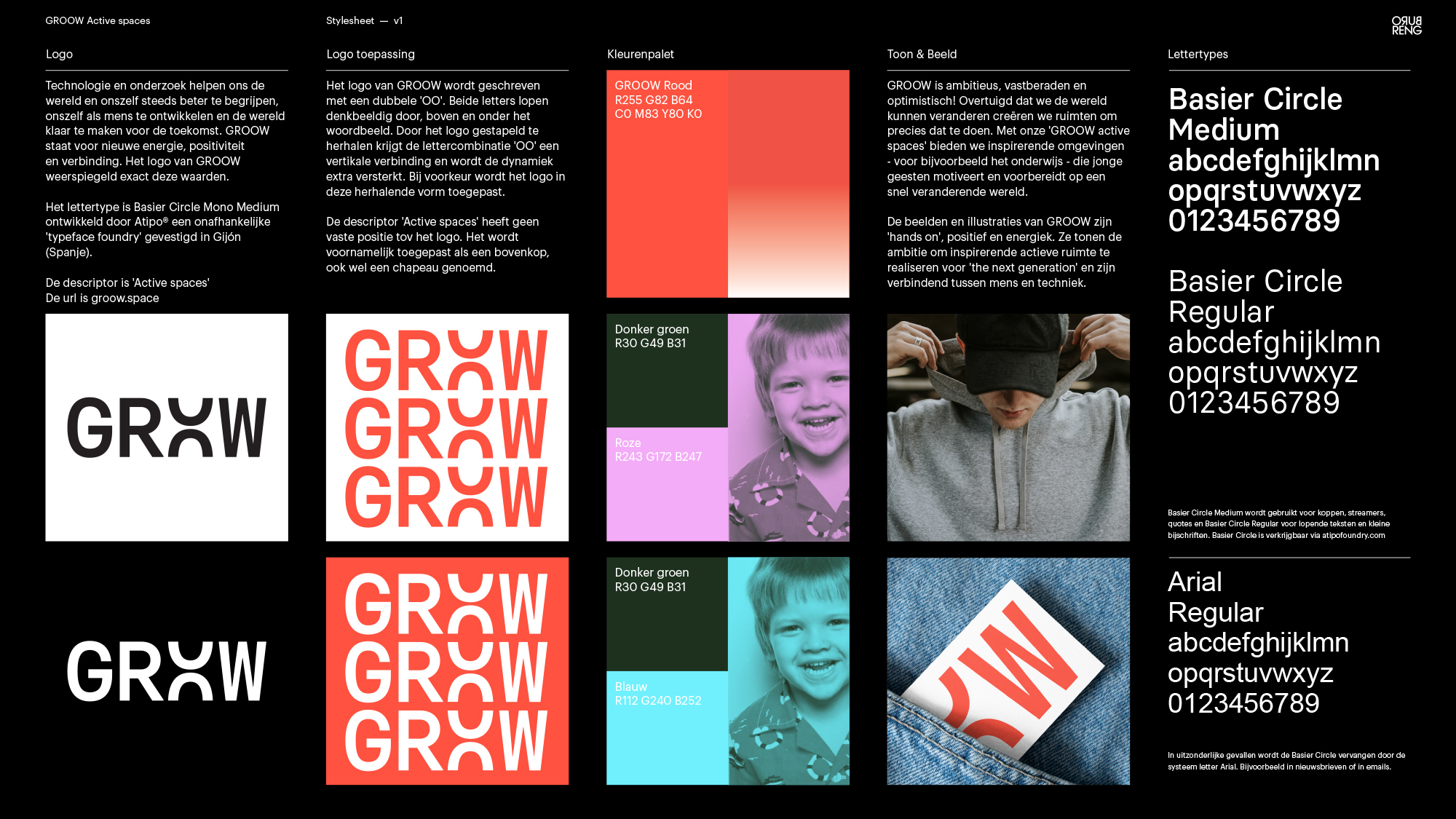 GROOW brand identity design stylesheet showing color palette and typography