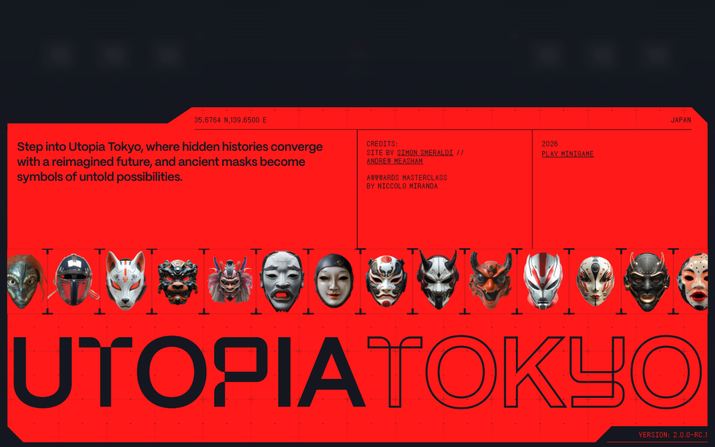 Utopia Tokyo interactive web design footer with full 14-mask lineup