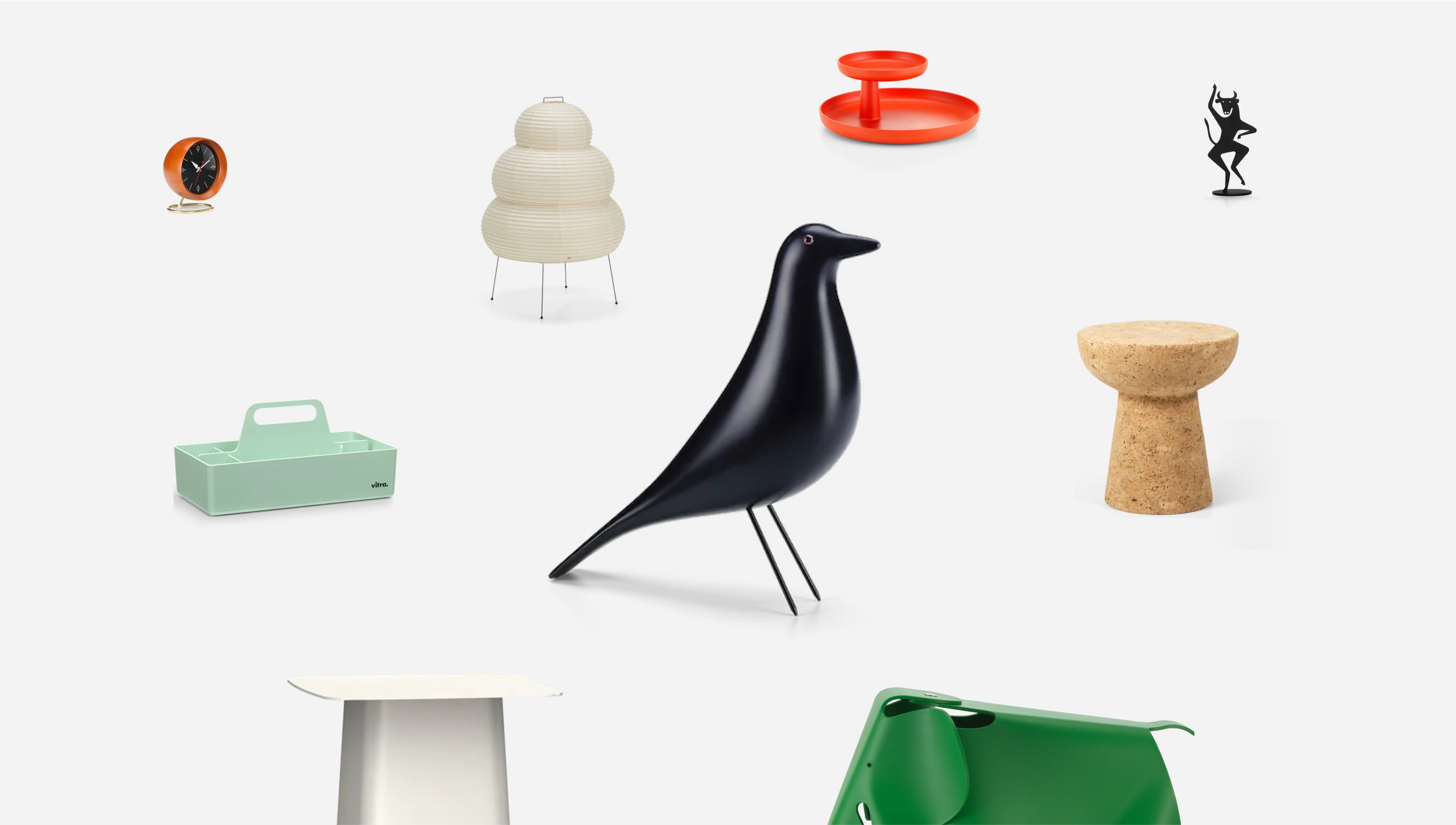 Vitra accessories collage from the Gift Finder — Eames House Bird, cork stool, elephant figure and clock
