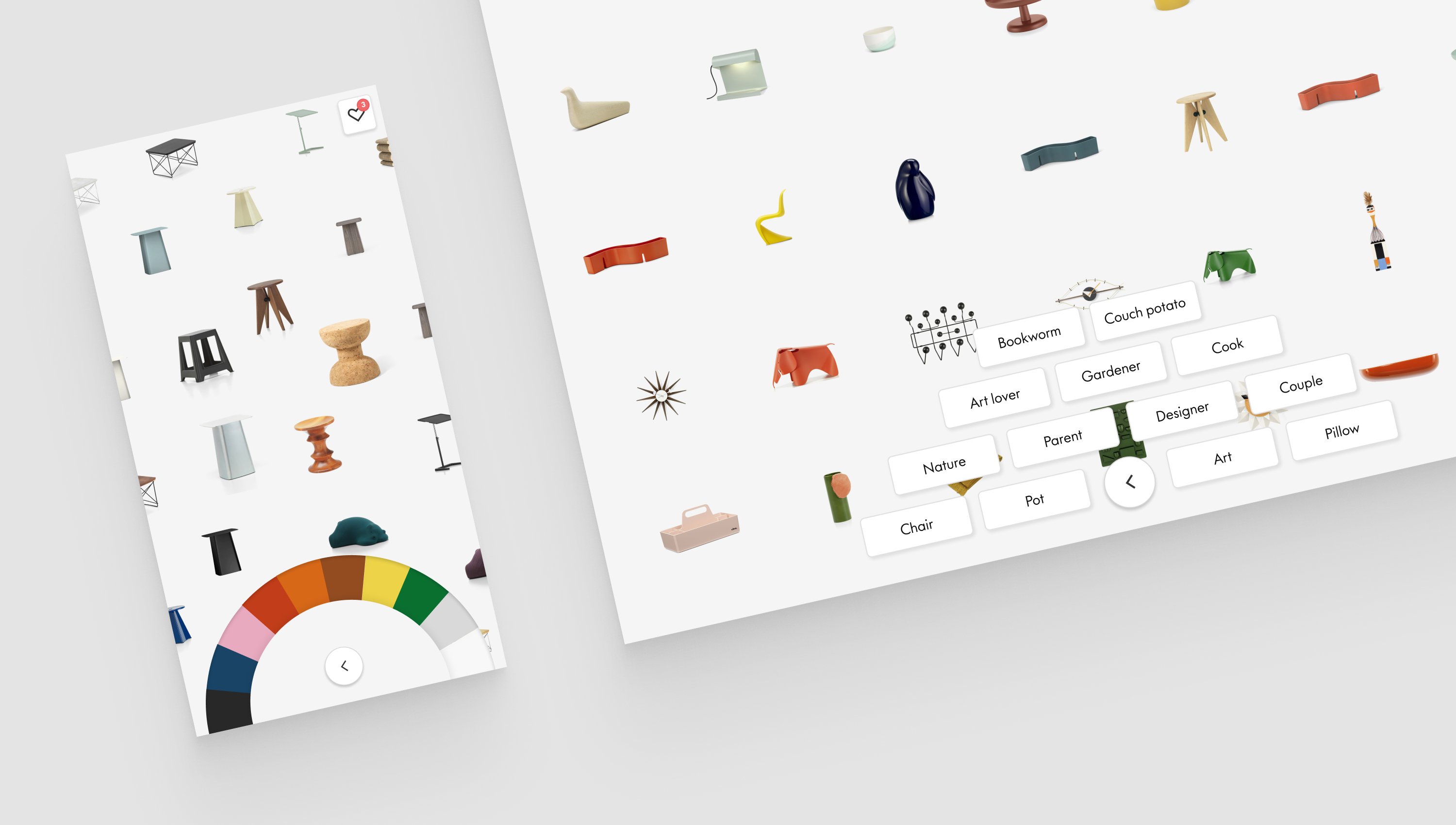 Vitra Gift Finder filter interface on desktop and mobile with interest tags