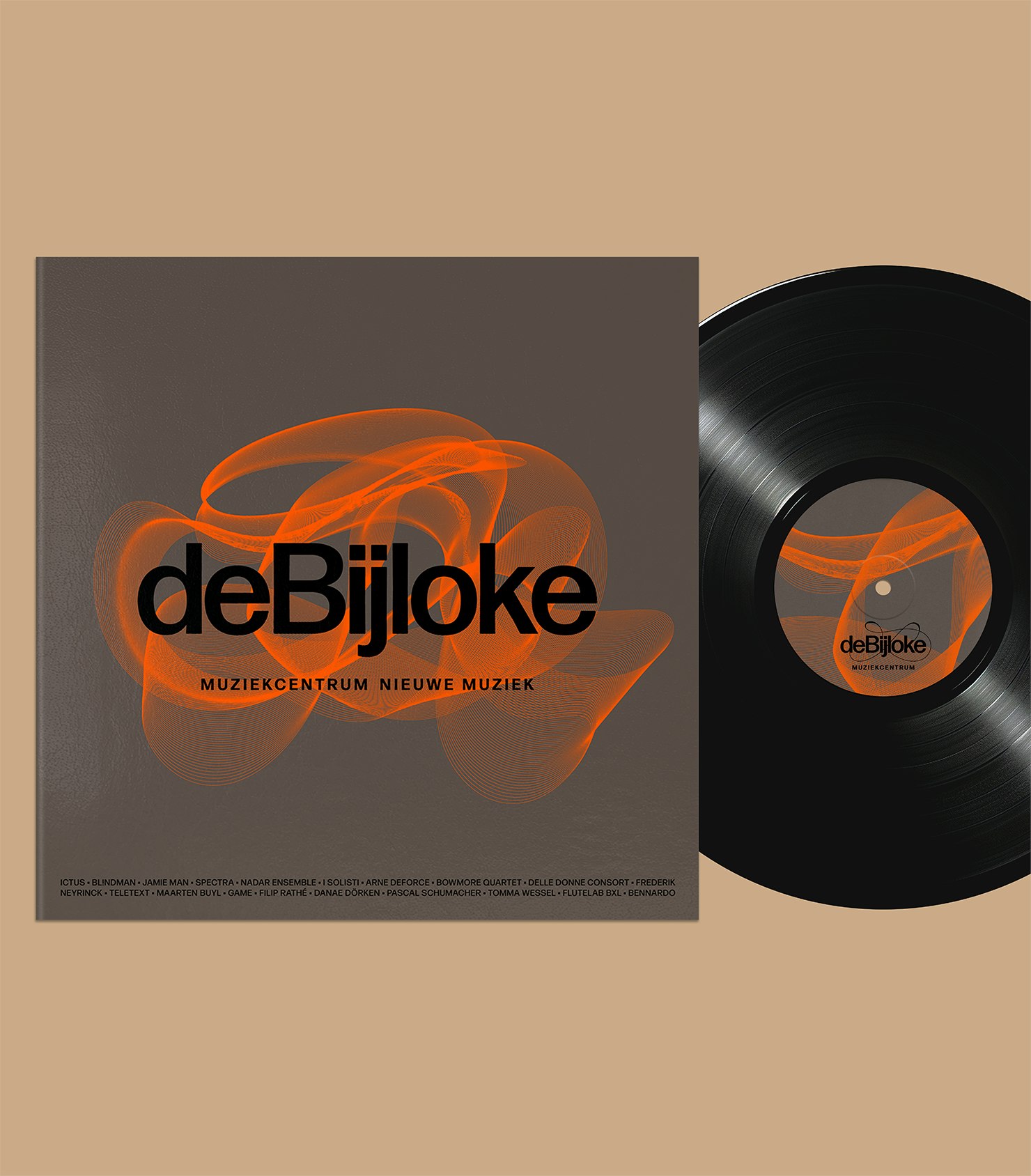 De Bijloke New Music vinyl record with orange oscilloscope waves