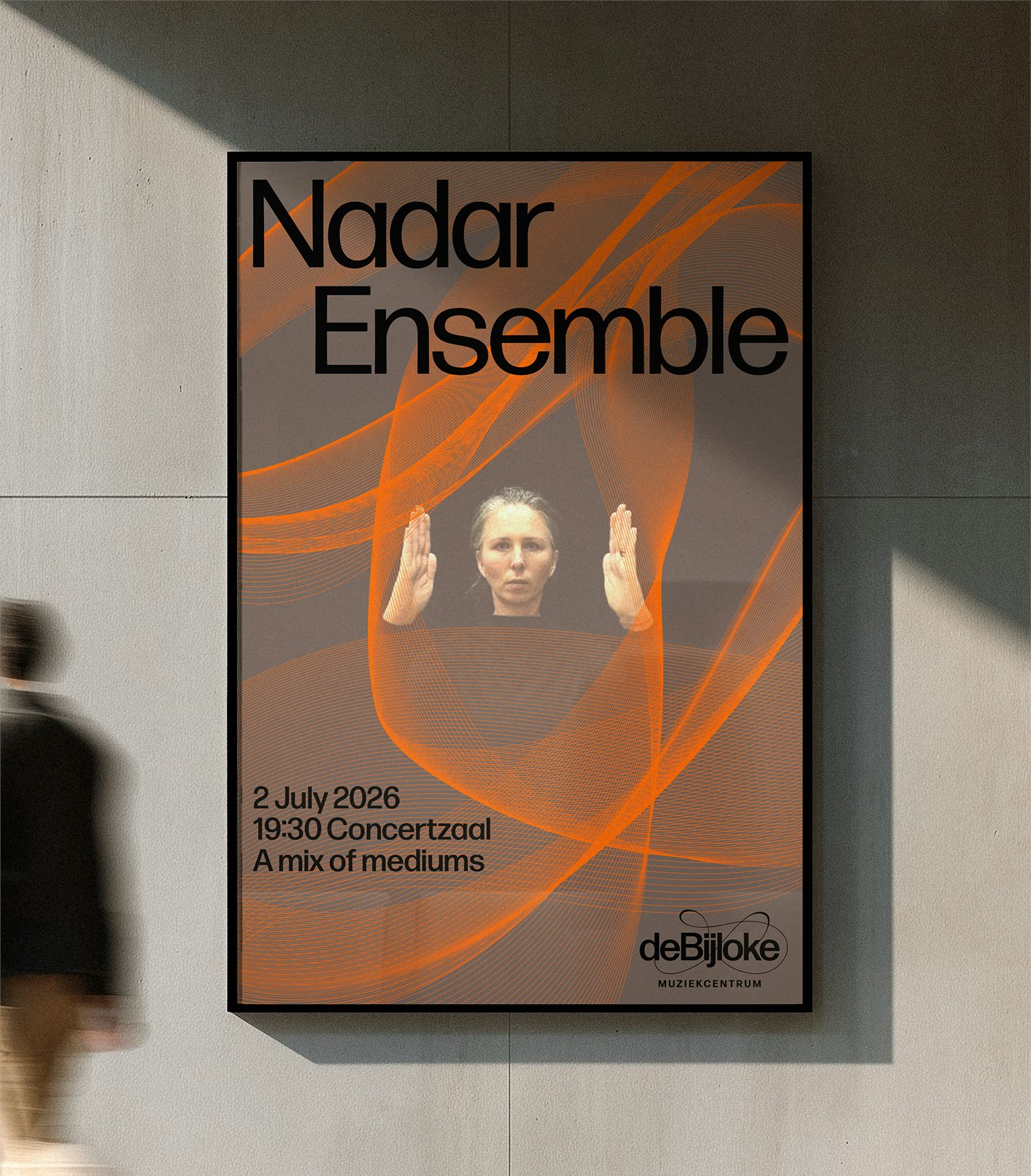 Framed Nadar Ensemble poster with orange waveform pattern