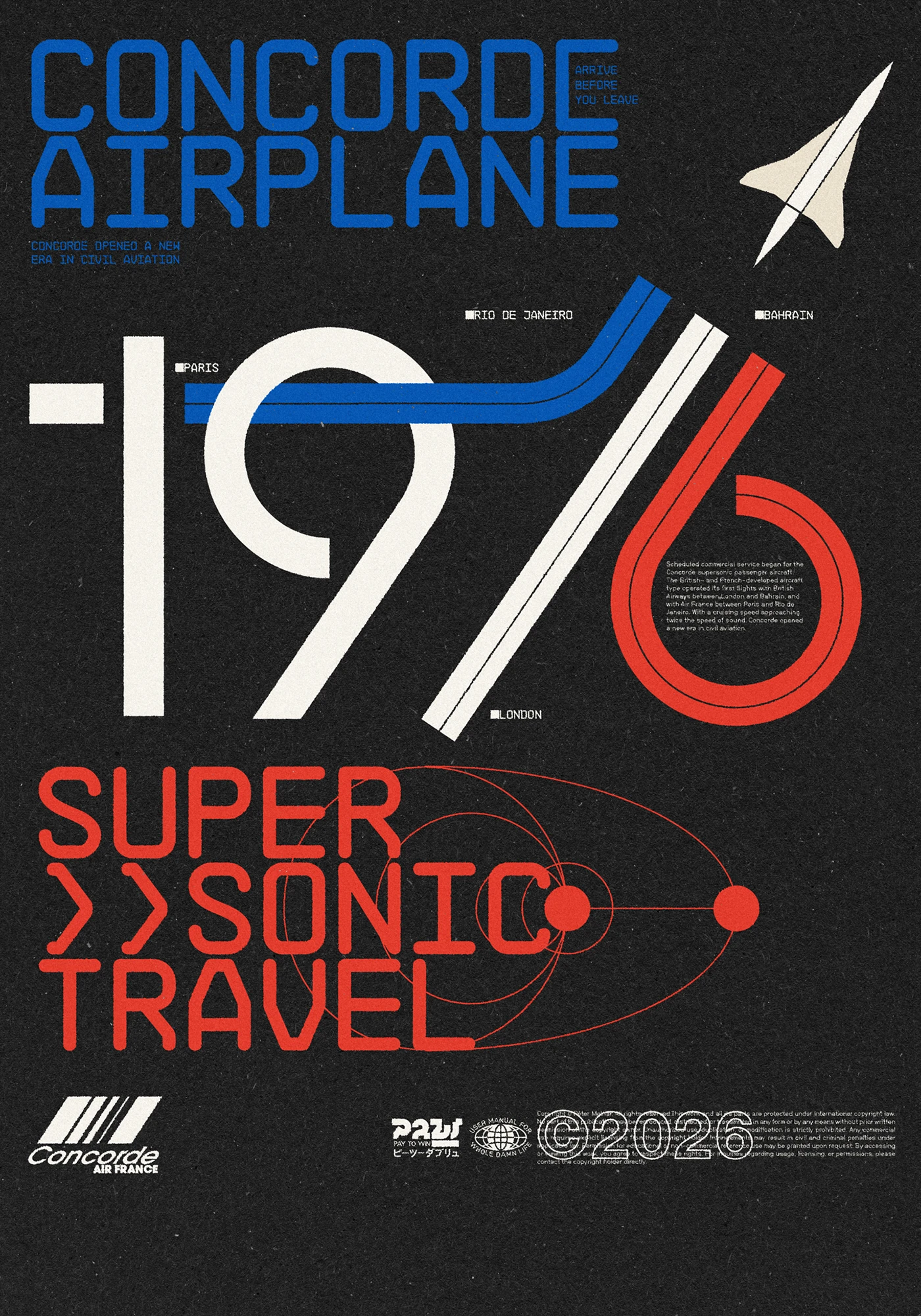 1976 (2026) posters concept Concorde airplane typography layout