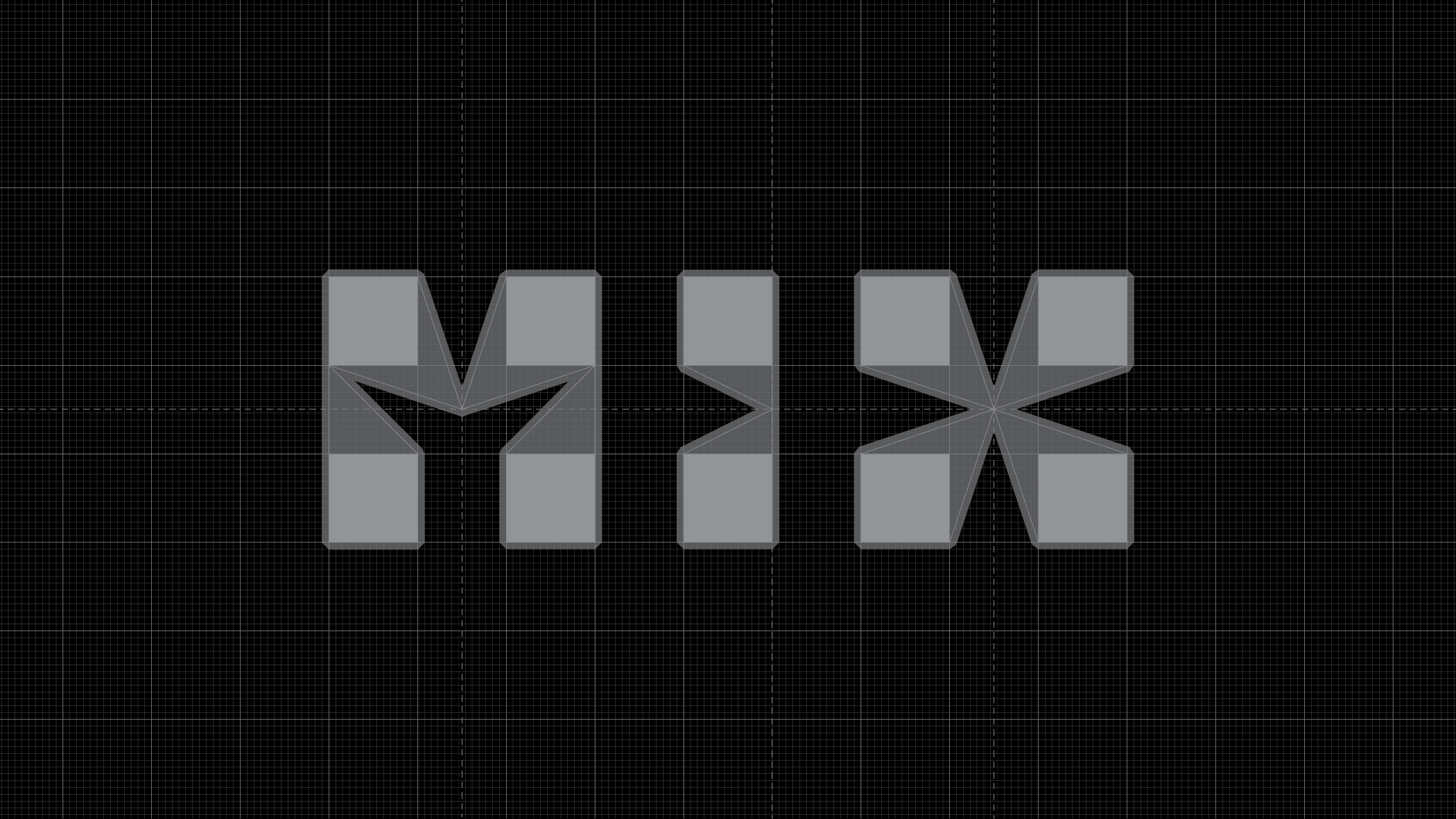 MIX logotype construction: grey 3D block letterforms on a technical grid with wireframe construction lines