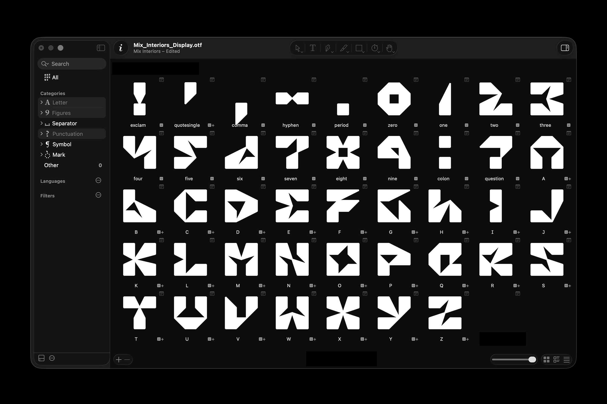 Mix Interiors Display character set laid out as glyph tiles in the Glyphs font editor