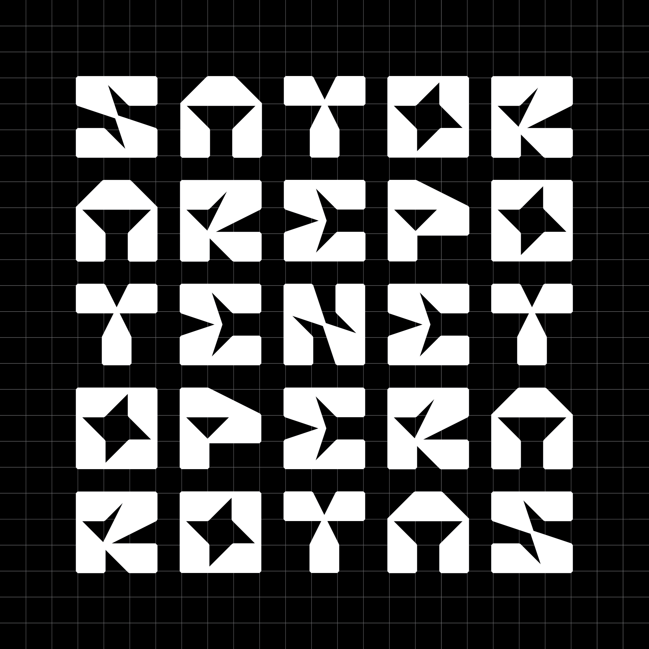 Sator Square palindrome set as a 5 by 5 grid in Mix Interiors Display, white on black