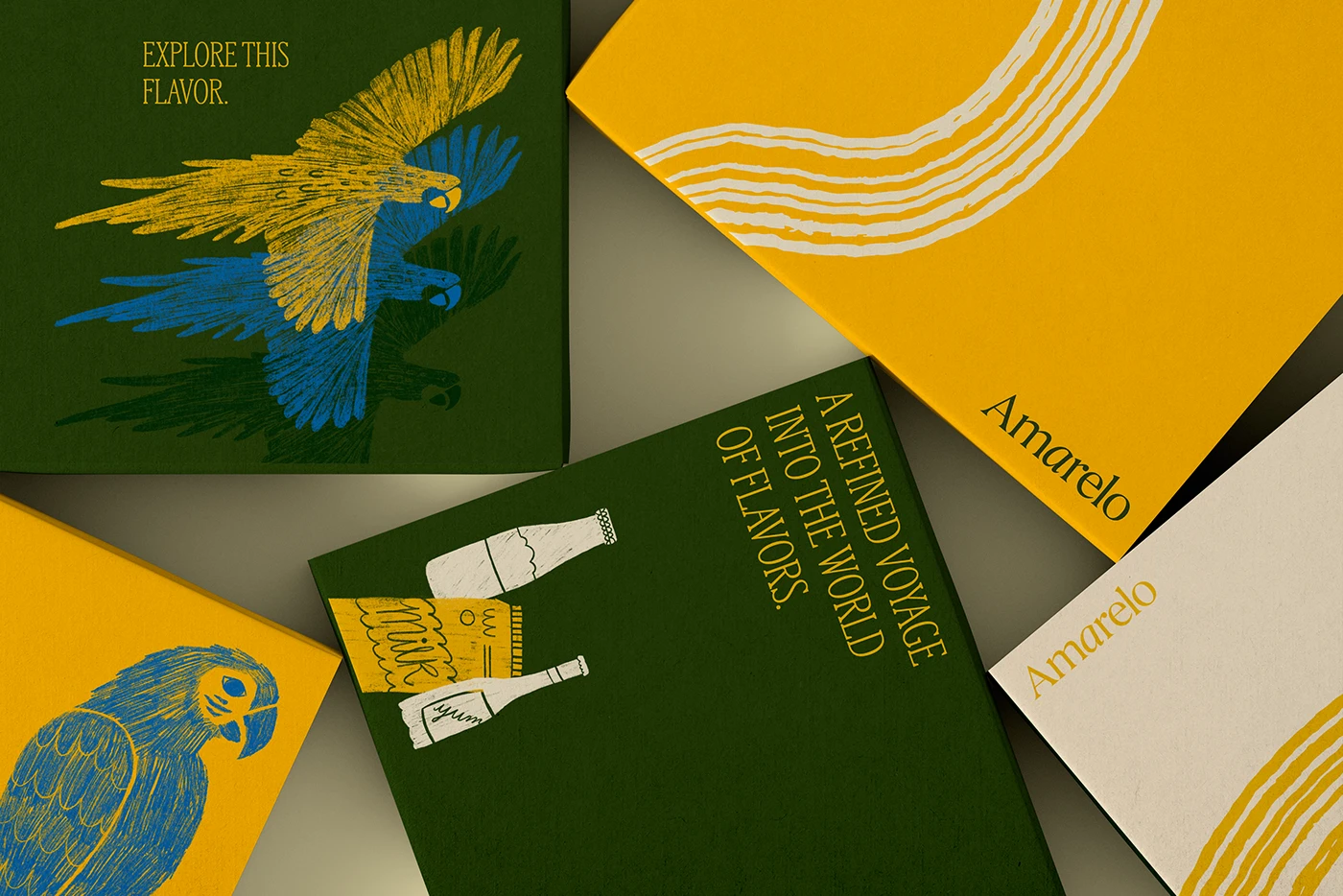 Amarelo Beverages branding illustrated packaging boxes and macaws