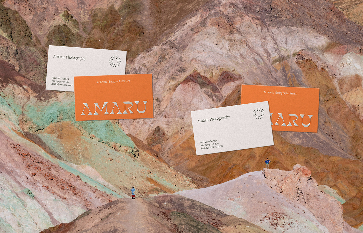 Amaru photography brand identity stationery on mountain landscape