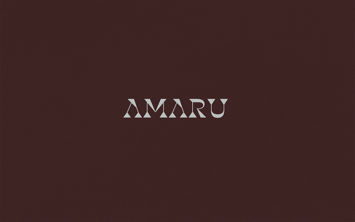 Amaru photography brand identity silver foil wordmark on dark brown field