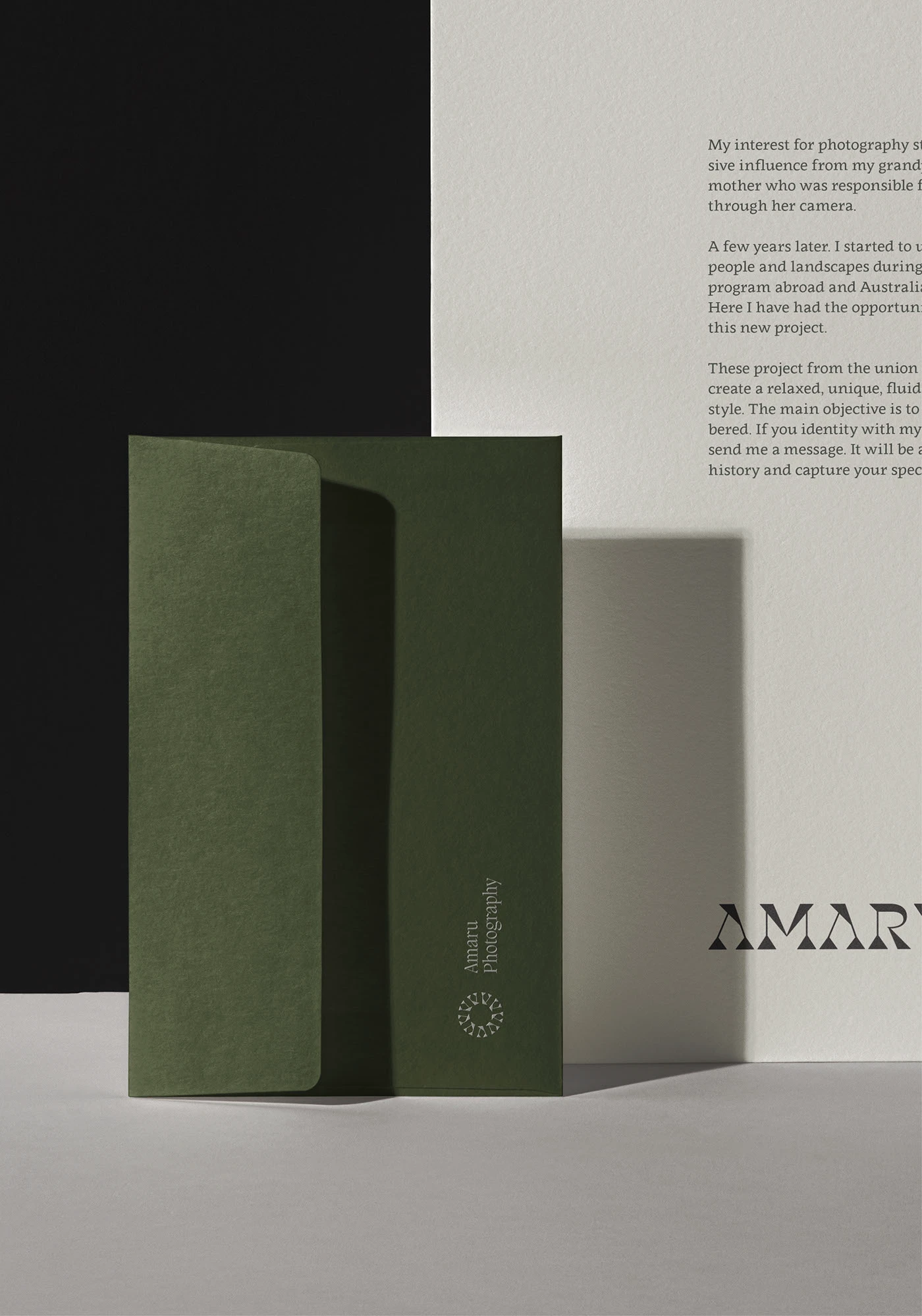 Amaru photography brand identity forest green envelope and letterhead