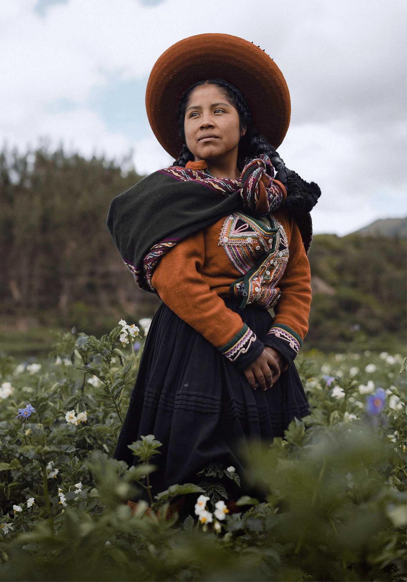 Amaru photography brand identity Andean portrait in blooming field