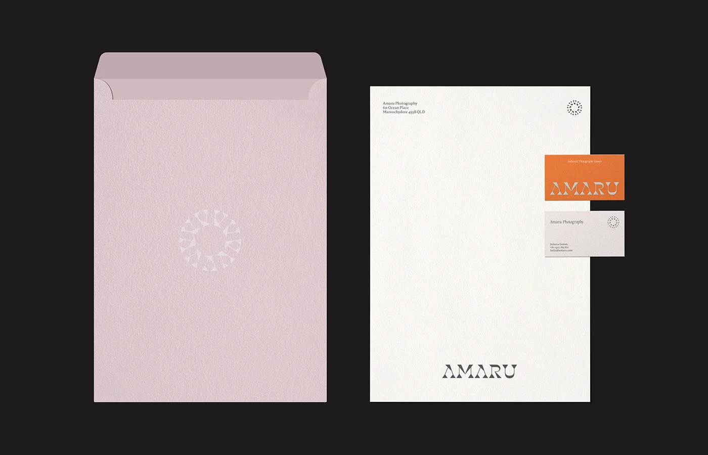 Amaru photography brand identity soft rose envelope and card stationery flat-lay