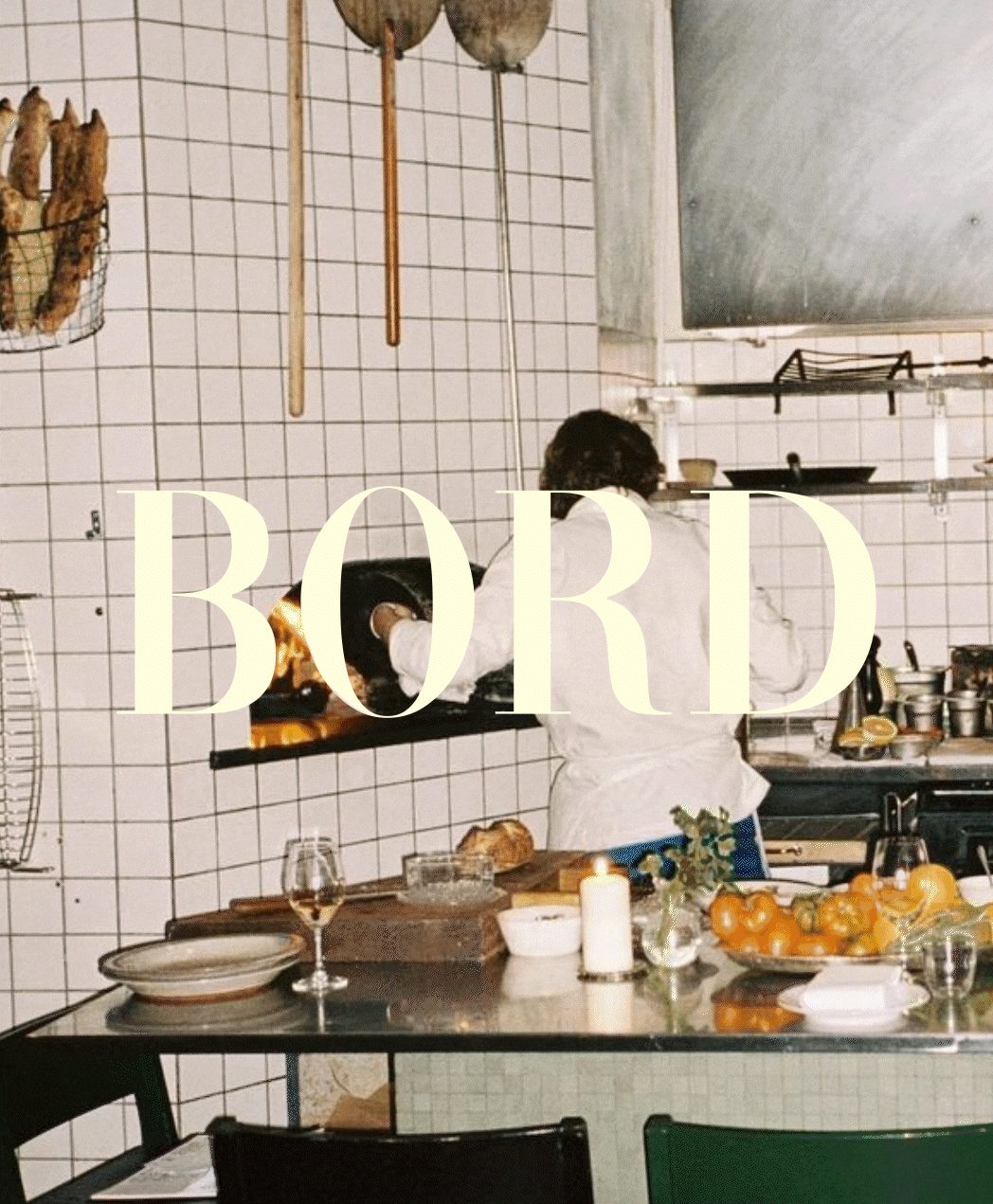 Bord restaurant visual branding serif logo overlay on open kitchen
