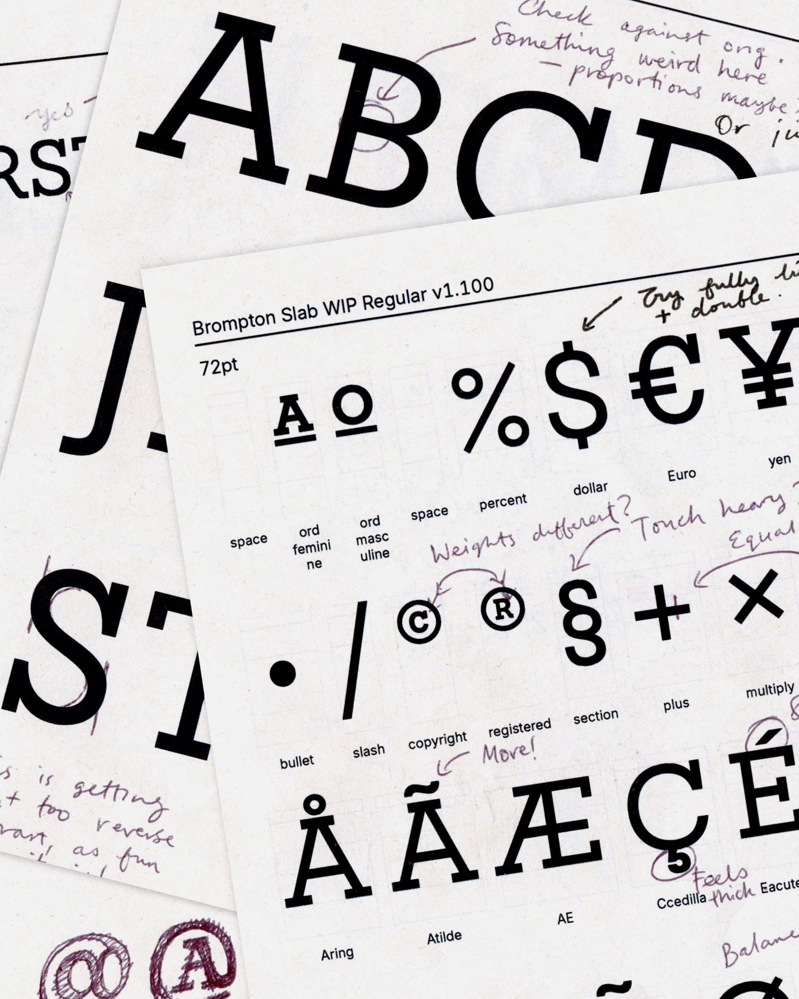 Brompton global branding typeface proof sheet with handwritten notes