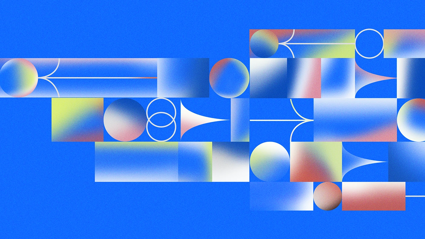 Dimensions of Time digital illustration hero graphic showing modular iridescent grid