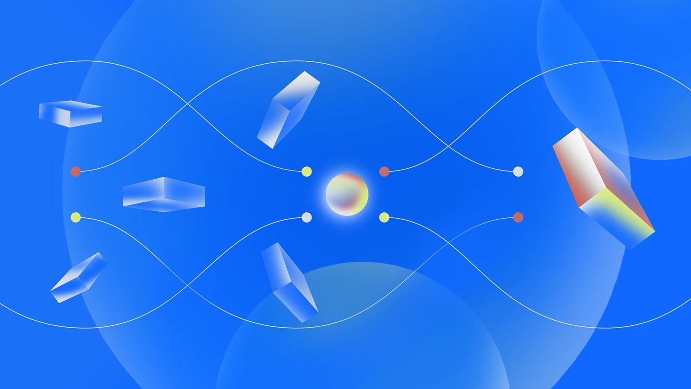 Dimensions of Time digital illustration composition with floating glass blocks and spheres