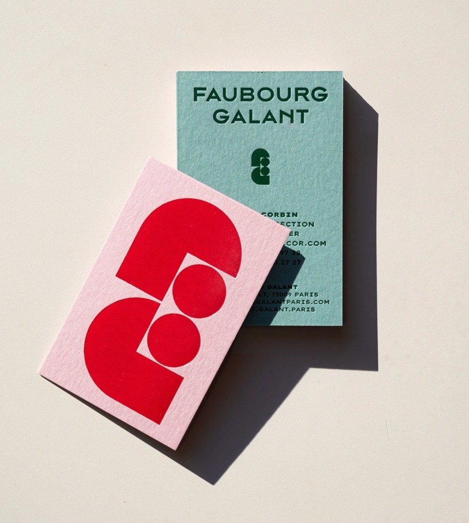 Faubourg Galant branding pastel green and pink letterpress business cards