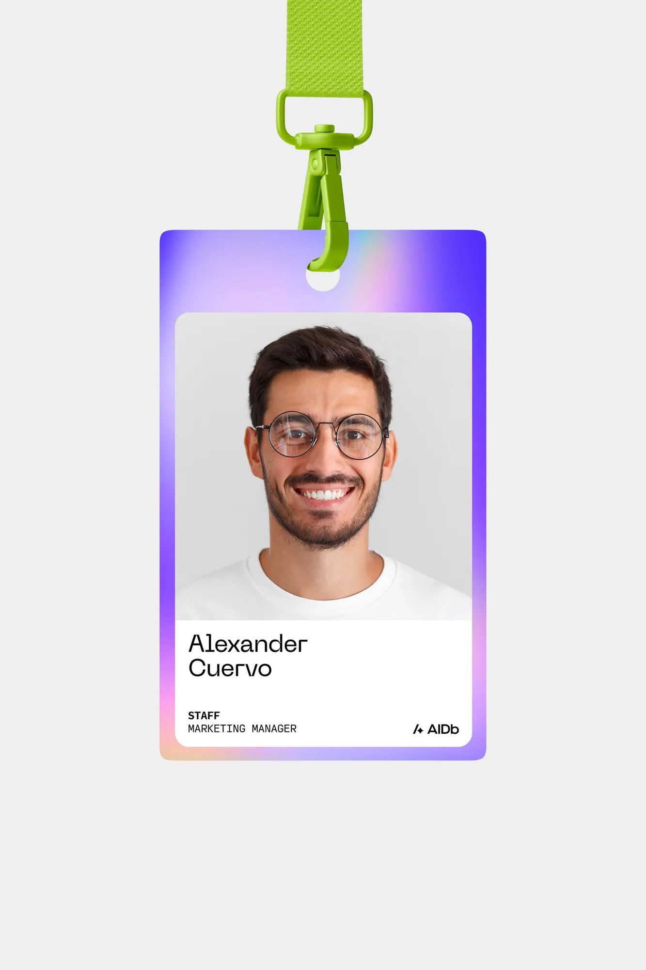 AIDb identity staff badge mockup with generative gradient