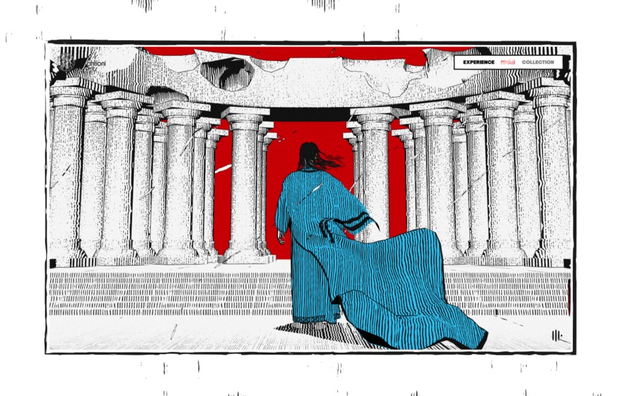 Saint in a blue robe walking through a white cathedral colonnade toward a deep-red night sky