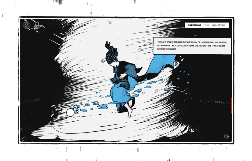 Saint floating in a black-and-white ink vortex with blue accents after the first sip
