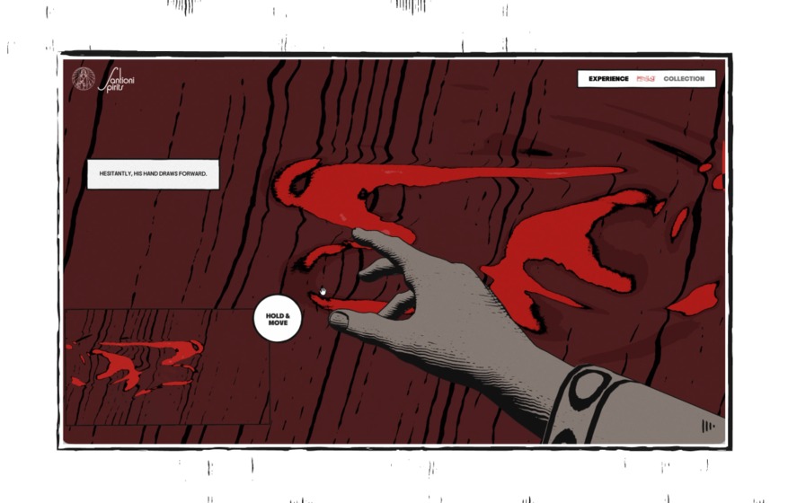 Illustrated hand reaching toward thick red fluid with the comic caption Hesitantly, his hand draws forward