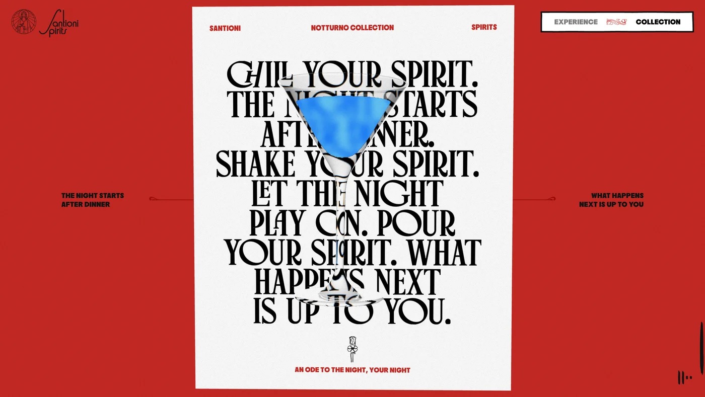 Bold red brand section with Art Deco typography reading Chill Shake Pour Your Spirit