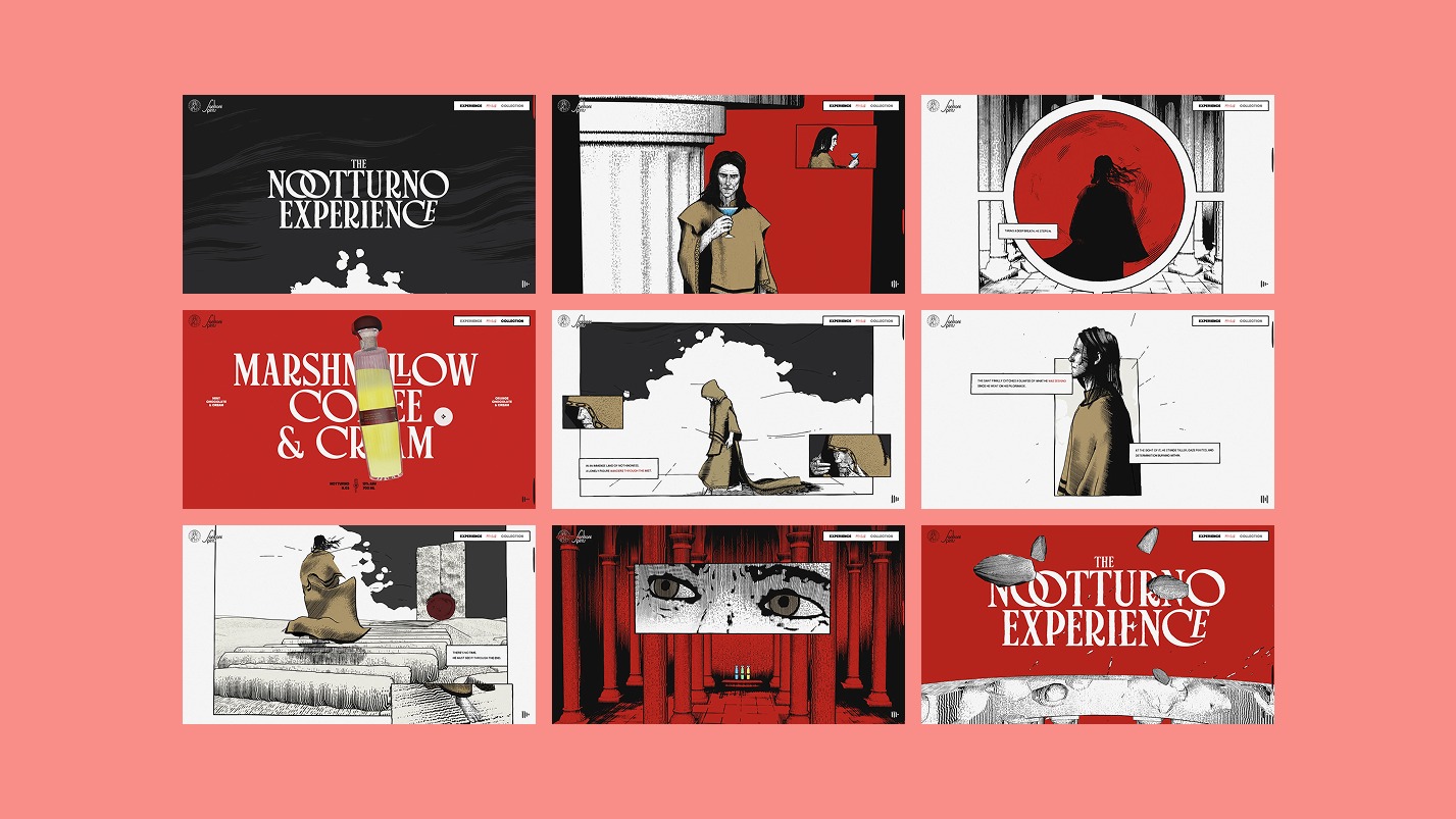 Nine-frame collage of Notturno Experience comic panels, cathedral scenes and typography