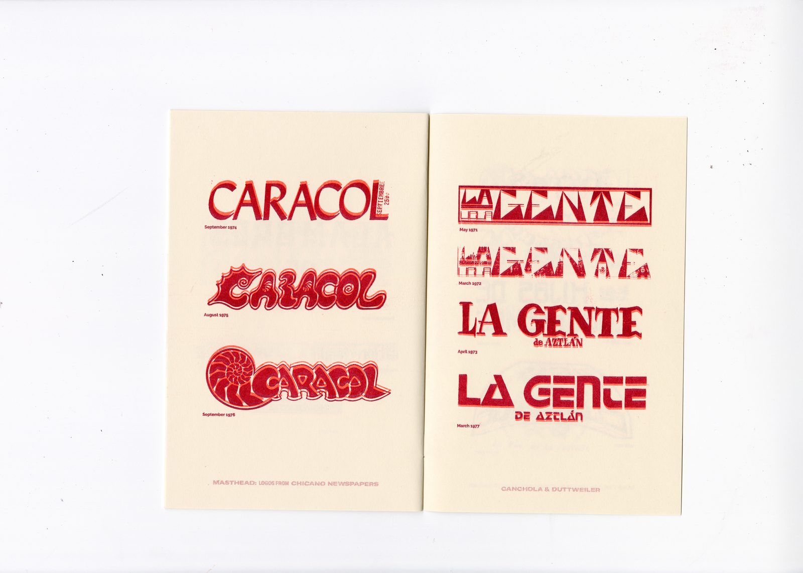 CARACOL and LA GENTE newspaper masthead variants in red letterpress, from the Masthead Zine
