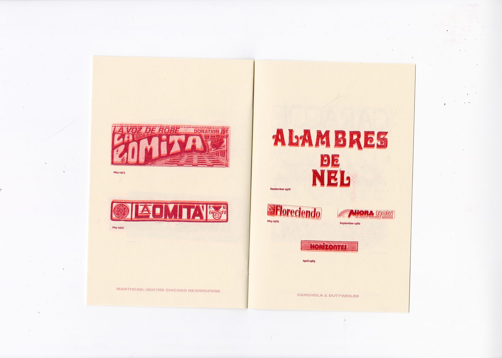 LA LOMITA, ALAMBRES DE NEL, Floreciendo, AHORA and HORIZONTEL mastheads in red ink, from the Masthead Zine