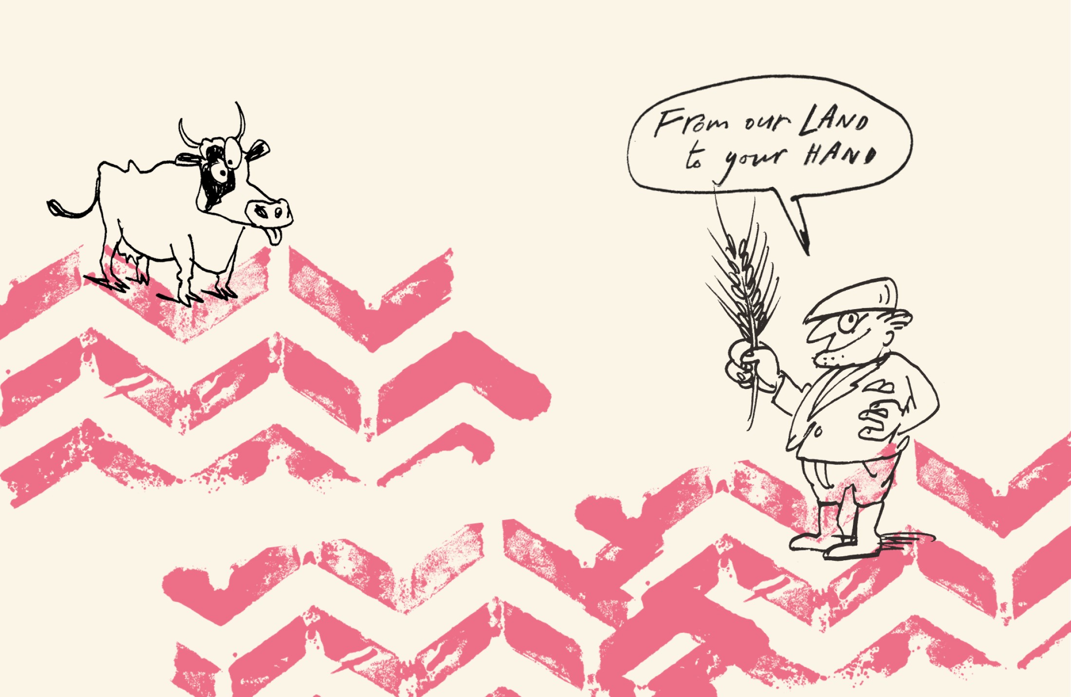 Brand texture and illustration sheet: tractor-print chevrons with Simon Spilsbury's farmyard characters