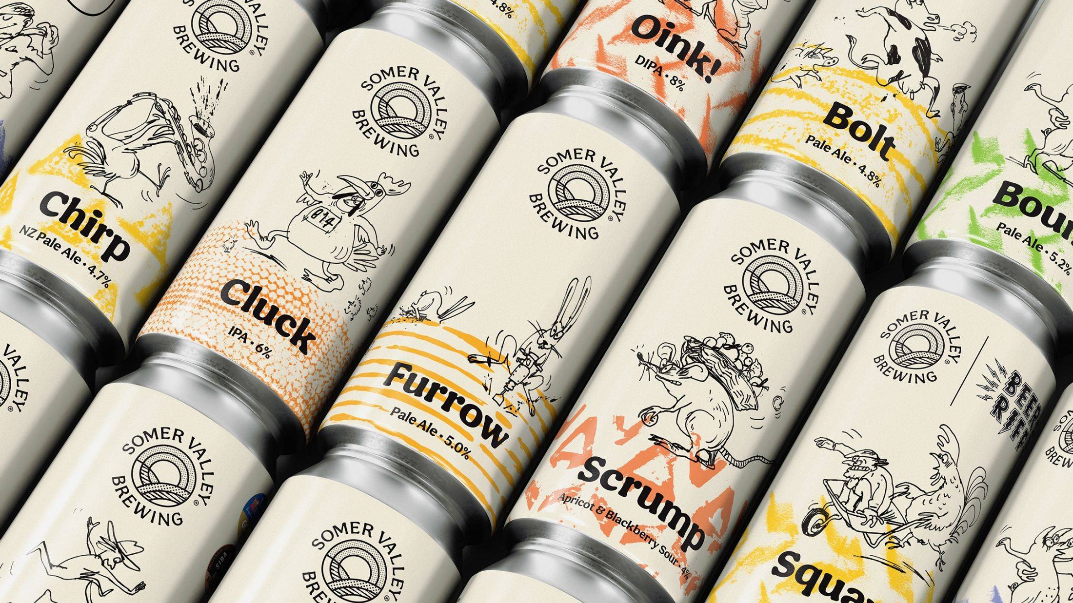 The Somer Valley Brewing can range: Chirp, Cluck, Furrow, Scrum, Oink! and Bolt