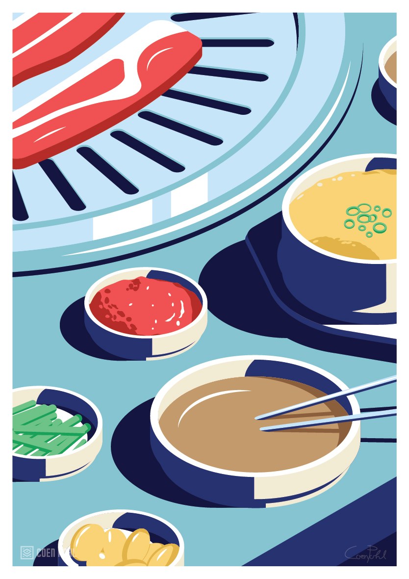 Korean BBQ scene in vector illustration poster series seoul nightlife