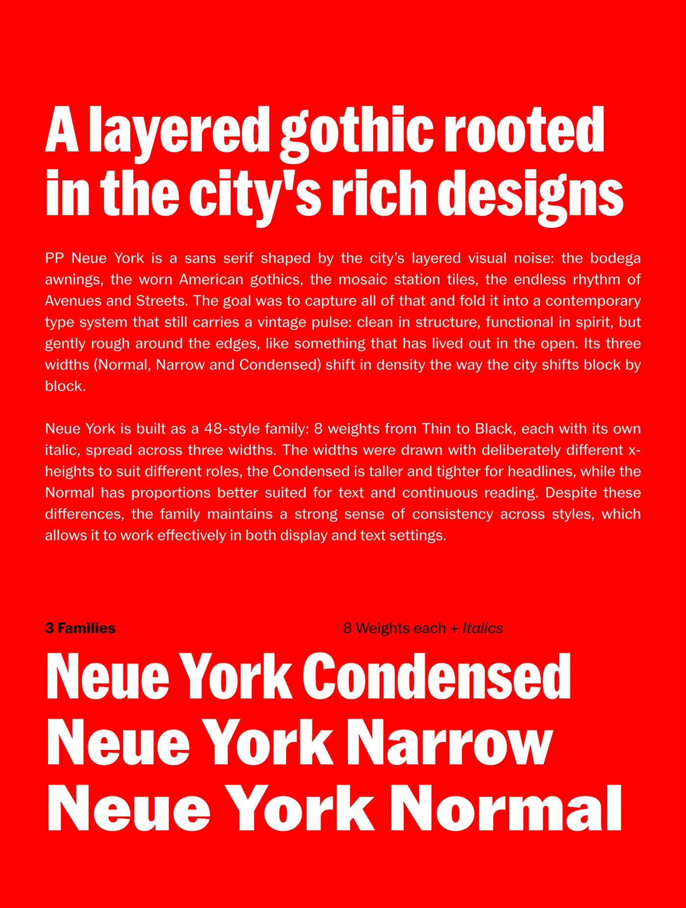 PP Neue York weight range from Thin to Black — all eight weights stacked in a single specimen