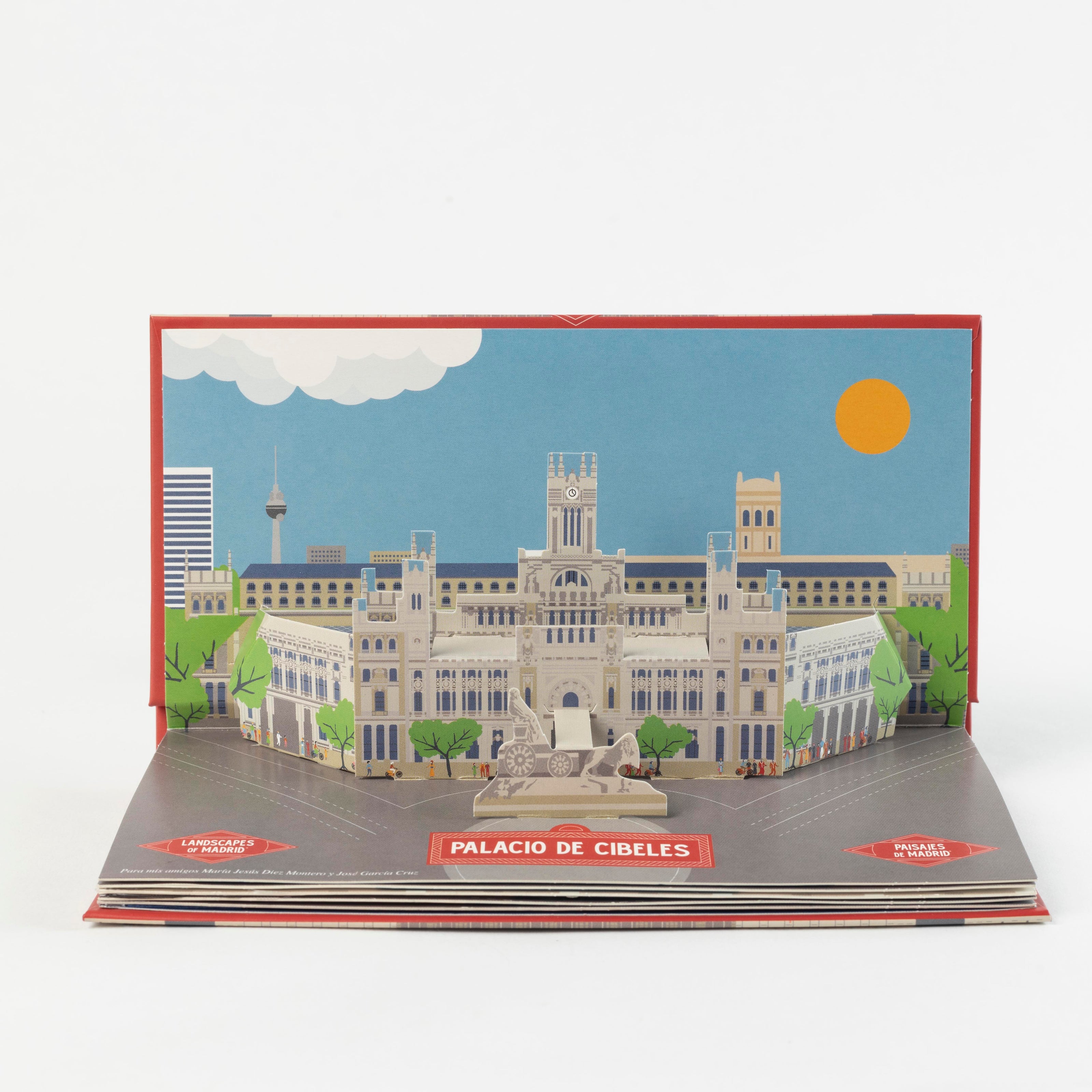Palacio de Cibeles pop-up spread from Sipidipi's Landscapes of Madrid book, palace and fountain rising off the page