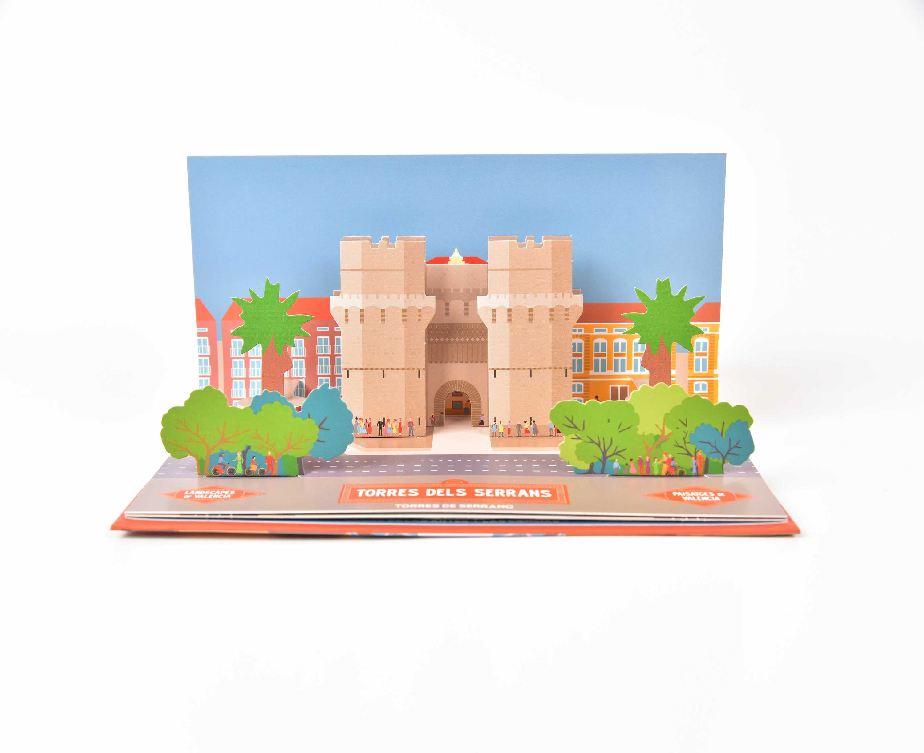 Torres dels Serrans pop-up spread from Sipidipi's Landscapes of Valencia book, twin medieval towers with paper trees