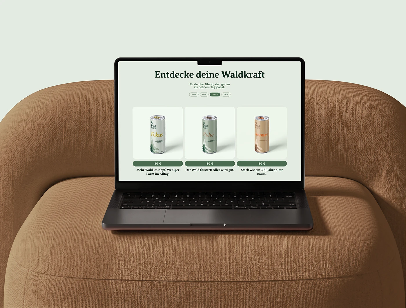 WALDKRAFT cans styled among forest moss and pine branches — packaging design inspiration 2026