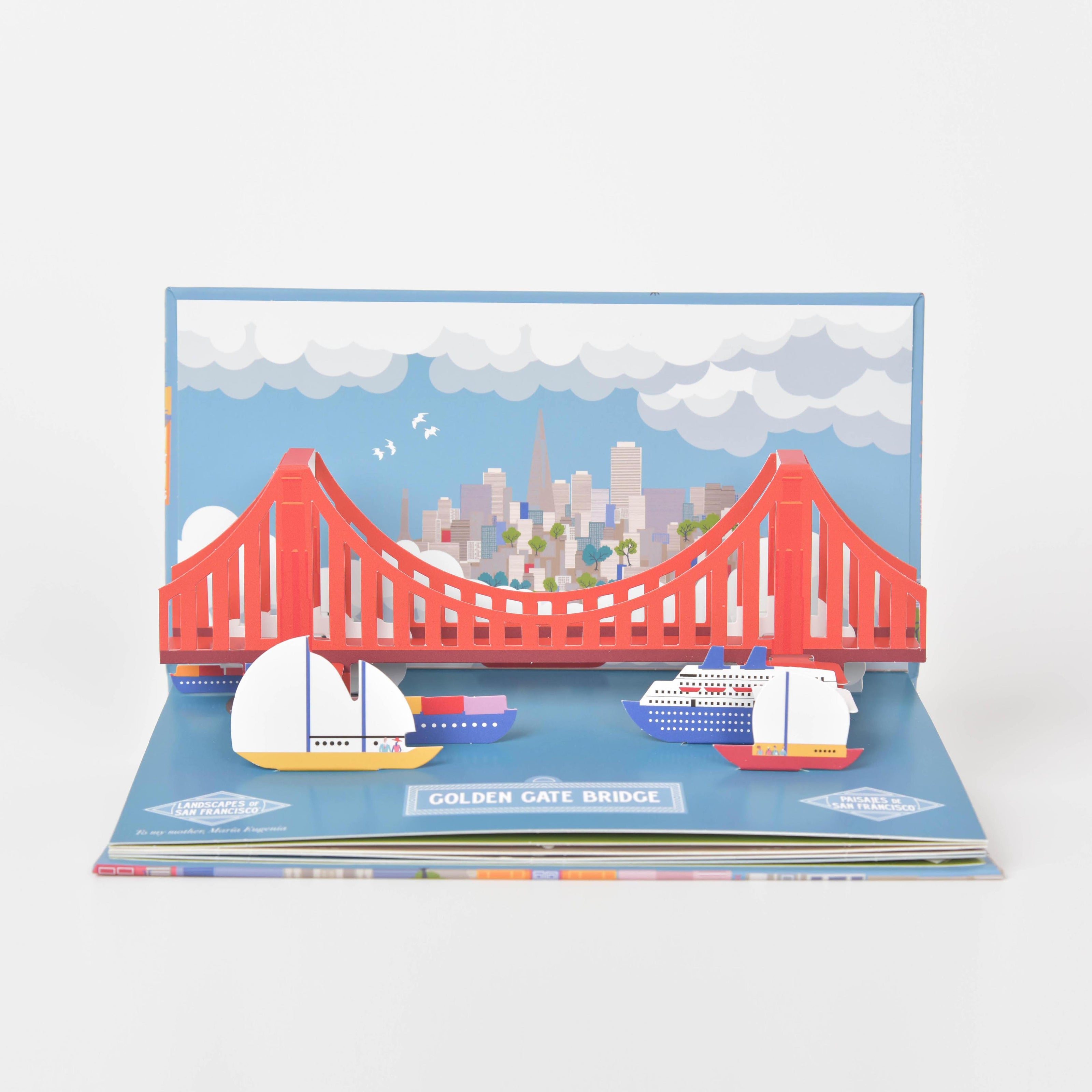 Golden Gate Bridge pop-up spread from Sipidipi's Landscapes of San Francisco book, red bridge with paper sailboats