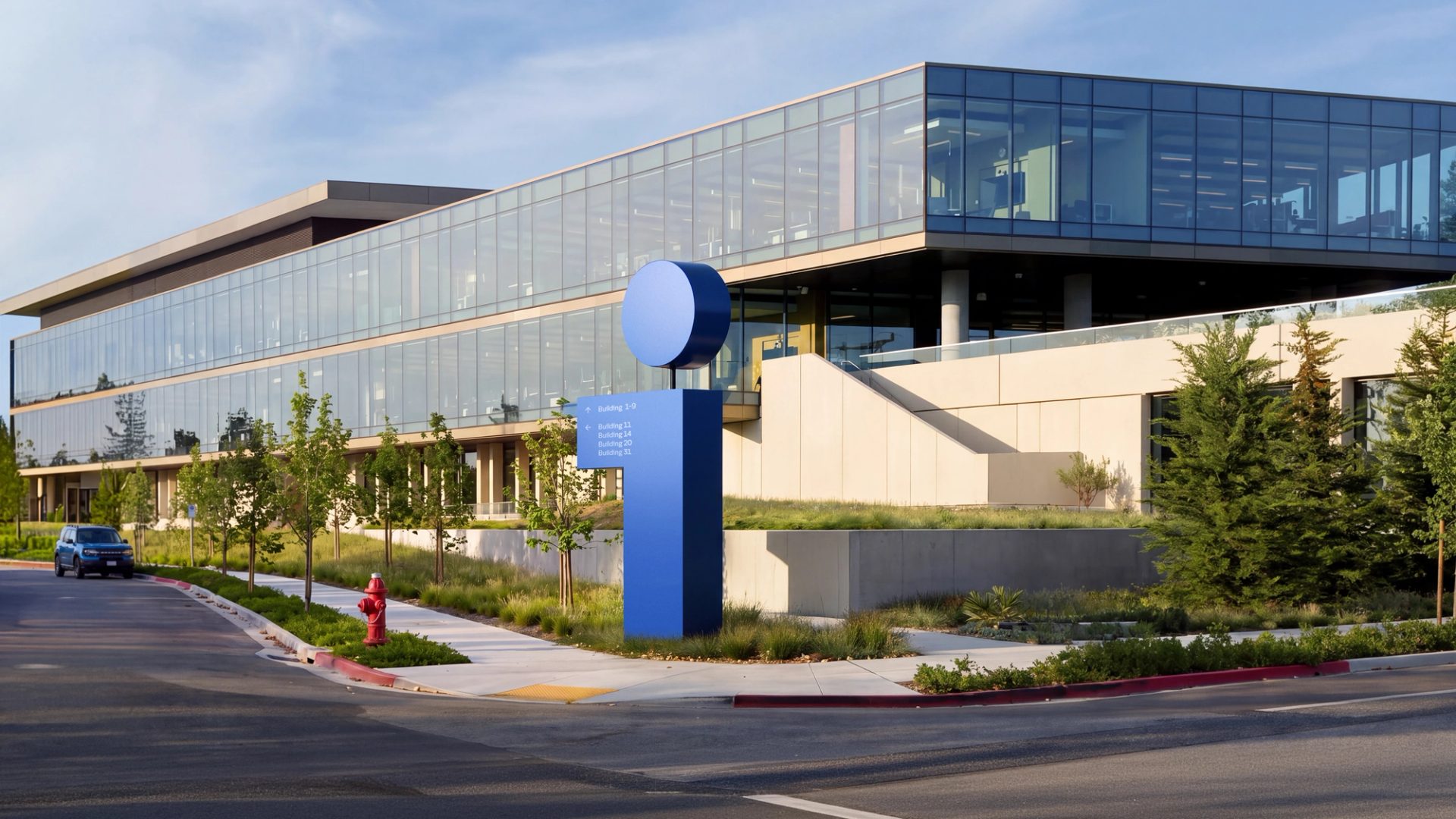 Blue lowercase i totem as wayfinding signage on the Intuit campus