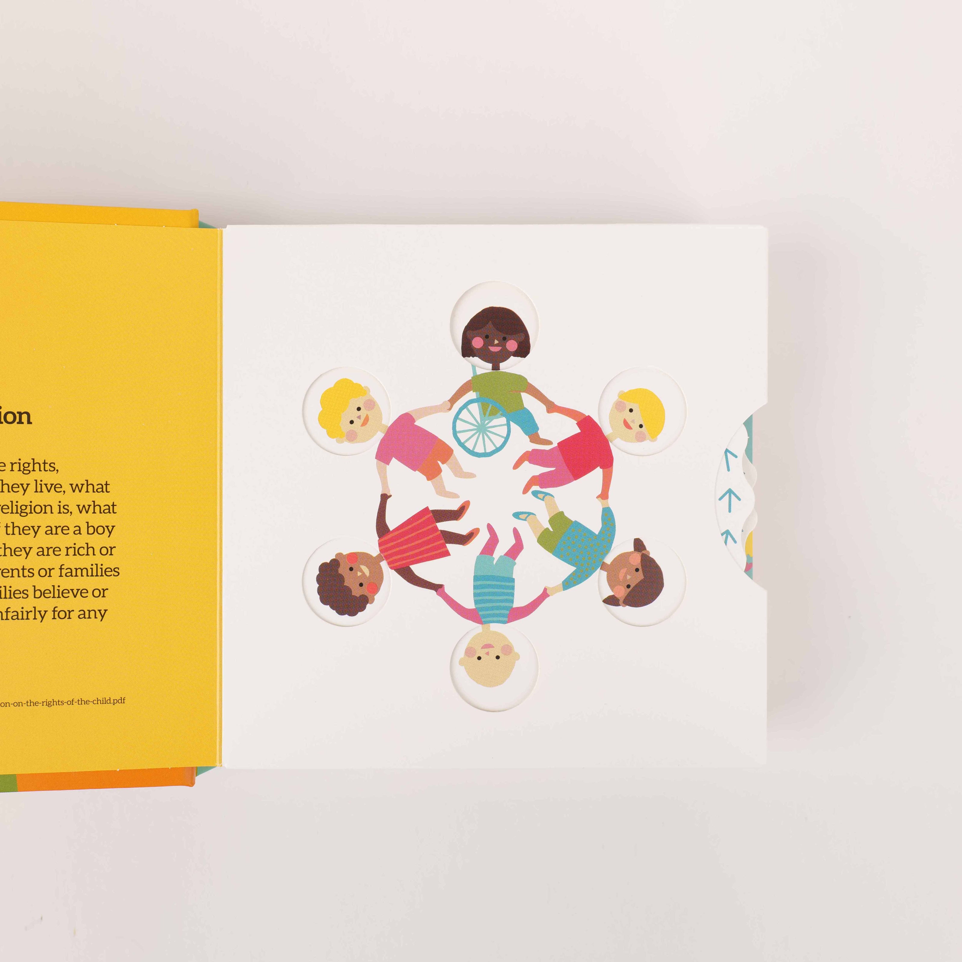 Circular die-cut illustration of children holding hands from Sipidipi's educational book line