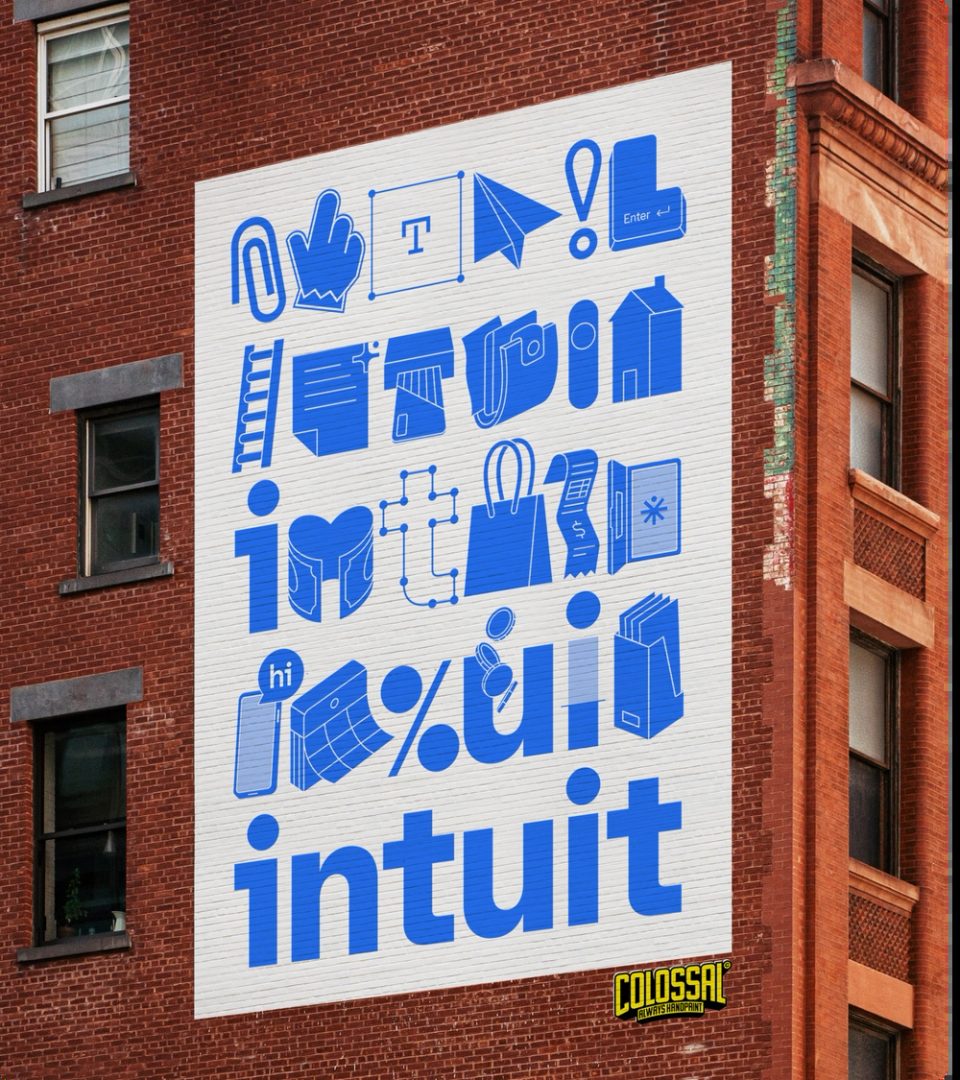 Mural rebuilding the Intuit letters from finance icons and percent signs