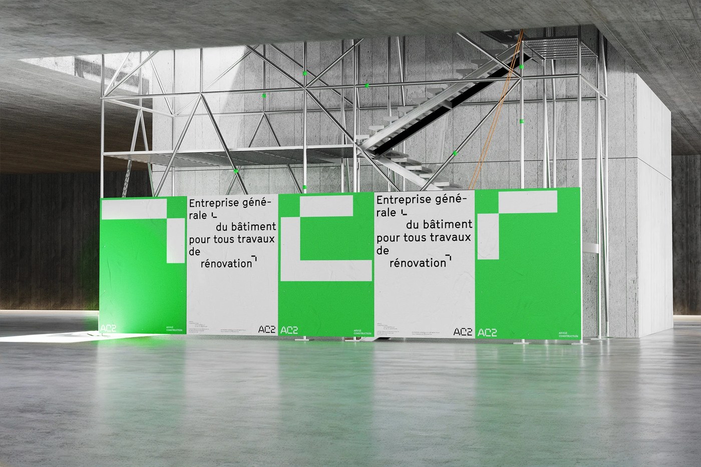 AC2 brand identity design construction site barrier hoardings on scaffolding