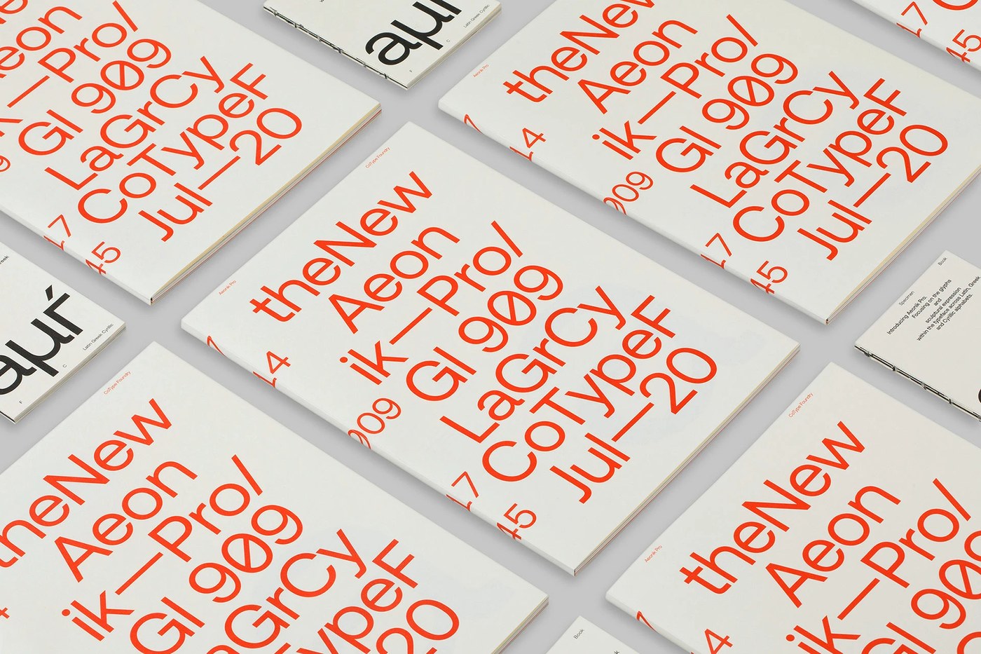 Visual layout of the aeonik pro sans-serif variable font specimen print booklet spreads