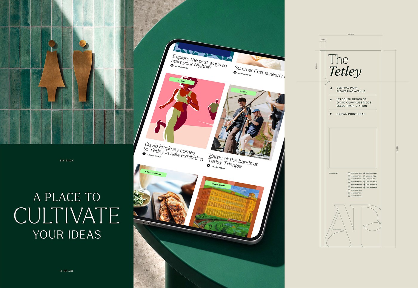 Aire Park brand identity design brass wayfinding pictograms and architectural blueprints
